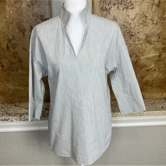 Lafayette 148 New York Popover Shirt Size XS Bracelet Sleeve Gray White Striped - Picture 1 of 11